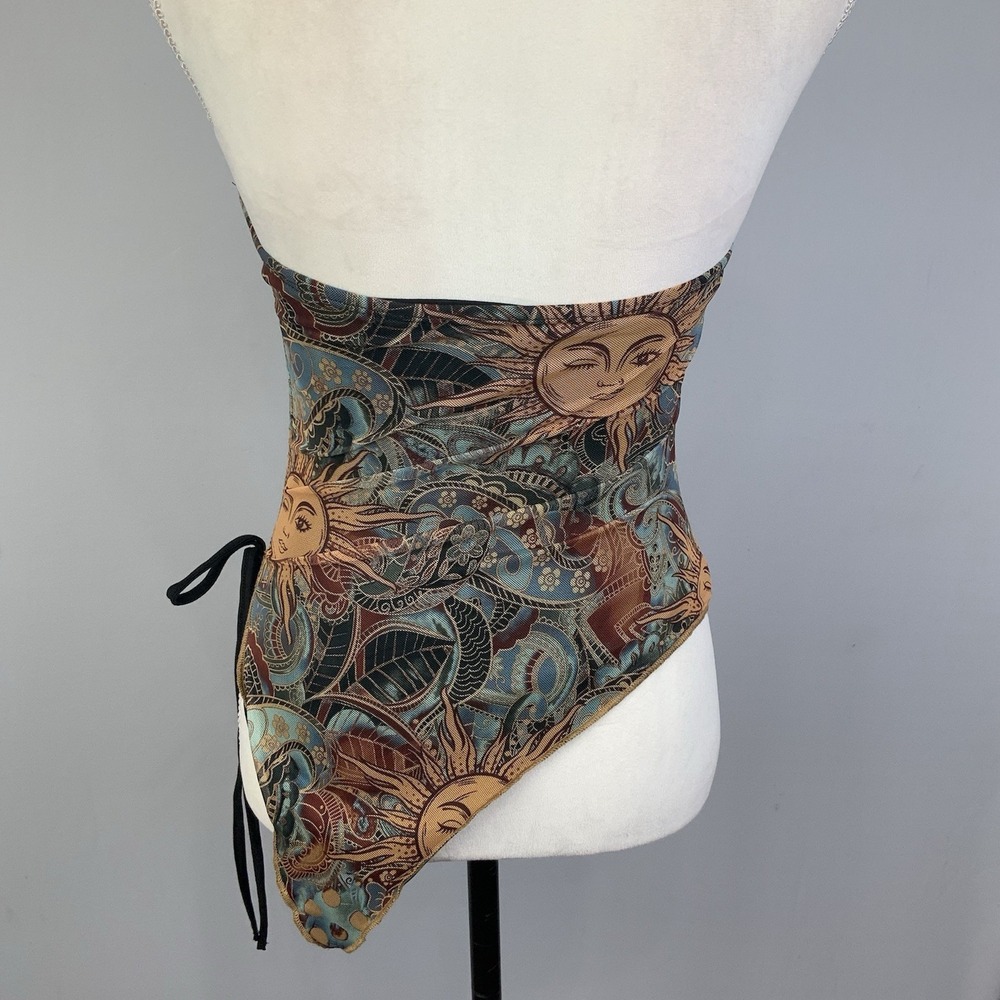 Celestial Sun Paisley Mesh Asymmetrical Ruched Tie Strapless Tube Top Y2K Small - Picture 5 of 6